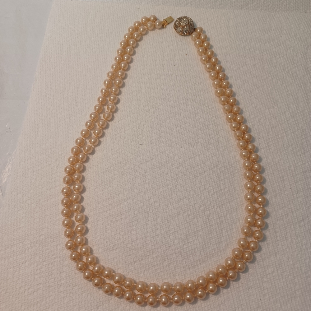 JOSEPH MAZER Vintage Glass Faux Pearl Double Strand Necklace 24"x2 - Signed